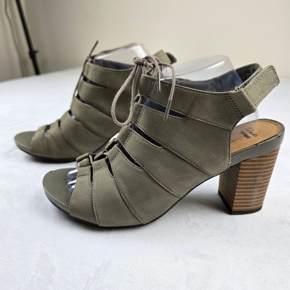 ClarkS Womens Lace Up Block Heel Open Toe Sandal Sage Nubuck Size 10 W - Picture 1 of 7